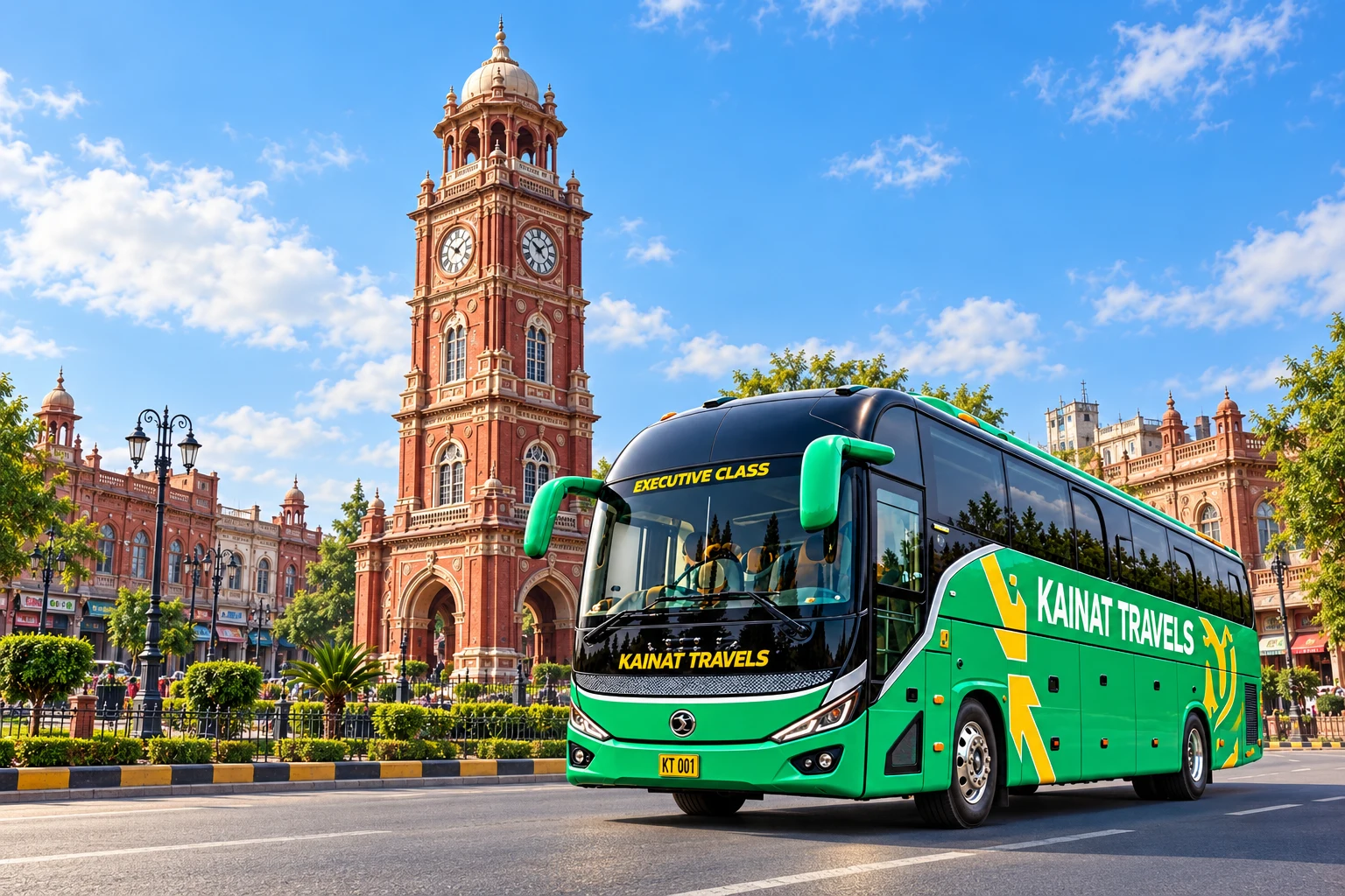Kainat Travels coach with Ghanta Ghar, Faisalabad — travel illustration