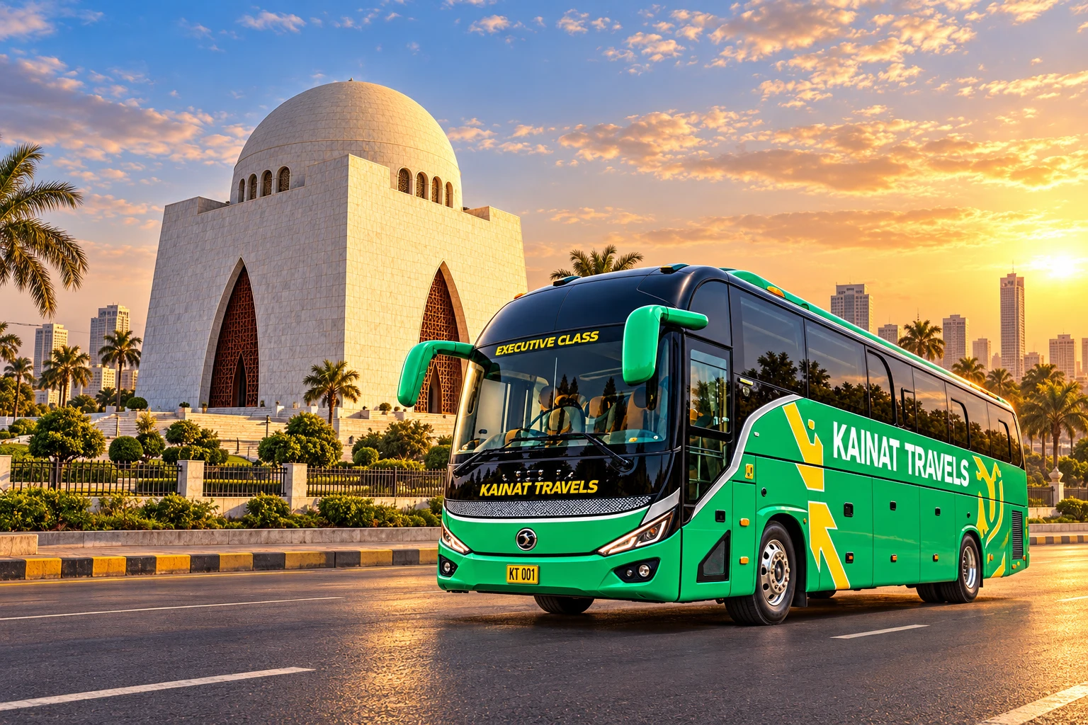 Kainat Travels coach with Mazar-e-Quaid, Karachi — travel illustration