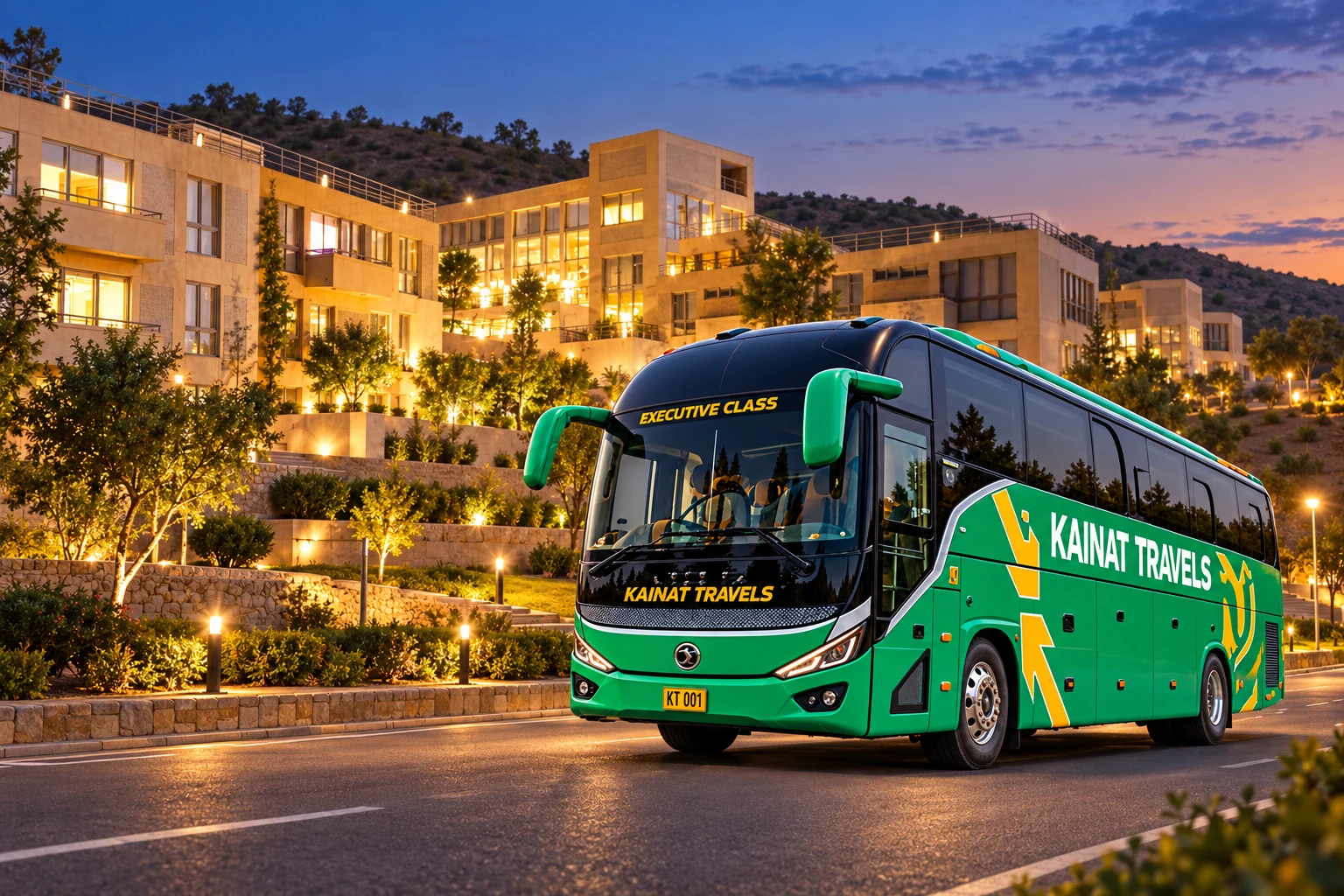 Kainat Travels coach with Namal campus, Mianwali — travel illustration
