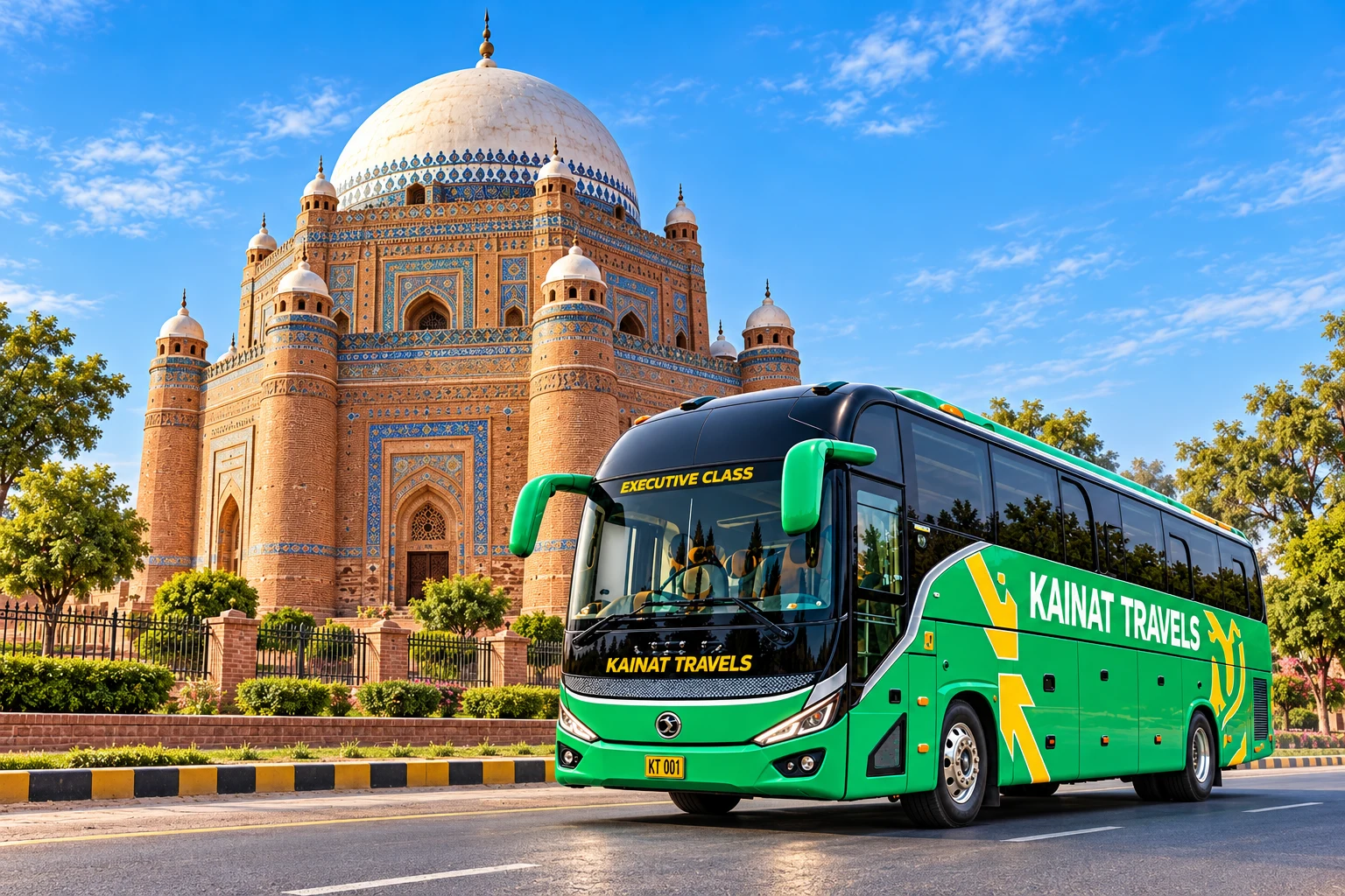 Kainat Travels coach with Shah Rukn-e-Alam, Multan — travel illustration